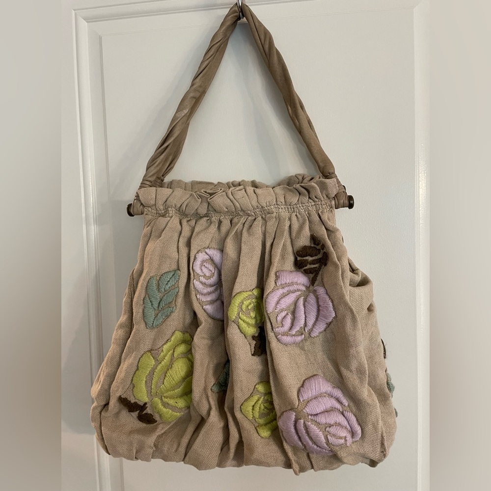 BCBG Floral Embroidered Tan Bag